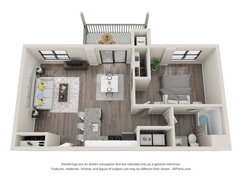Floor plan for 1 bed, 1 bath, 661 sqft